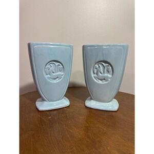 Set of 2 Vintage Pair Light Blue Ceramic Vases Shield Crest Animal Deer Motiff